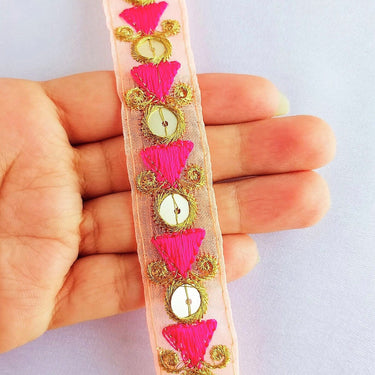 Peach Tissue Fabric Trim with Pink & Gold Embroidery With Gold Sequins, , Lace Trim By 2 Yards Indian Decorative Trim